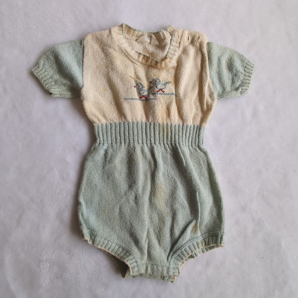 Vintage 1940s 50s McKem Baby Romper 12 Month Knit Birds Infant Playsuit Blue